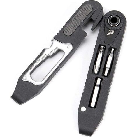 Outil multifonction 16 en 1 pour vélos avec cliquet, démonte-pneu et mini kit de réparation pour chambres à air et crevaisons.