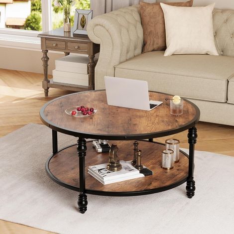 Table basse ronde 72x72x48 cm marron vintage 2 étagères, cadre métallique aspect bois salon chambre bureau (1/5)