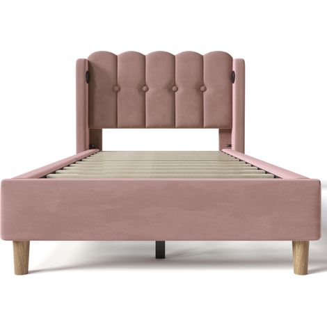 Cama individual de terciopelo rosa 90 x 200 cm con carga USB-C y somier de láminas (1/5)