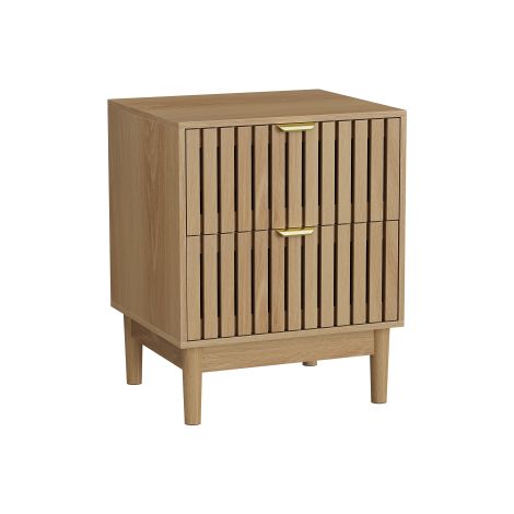 Chevet à deux tiroirs à façade à lames verticales imitation chêne clair, poignées métalliques dorées, pieds en bois massif, 45×39×56,5cm, table de chevet multifonction pour chambre (1/5)