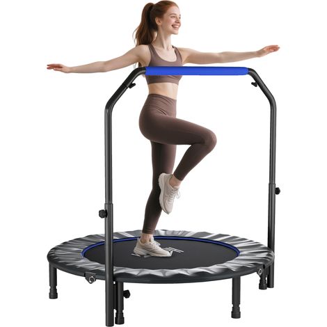 48-Inch Adjustable Foam Handle Mini Fitness Trampoline for Indoor Workouts, Blue Color, Portable and Foldable Design
