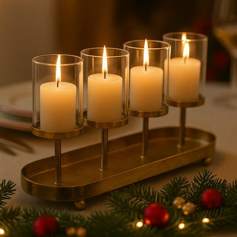 Porta candele in ferro colore champagne, centro tavola per cena natalizia con tubi in vetro, da 4 posti (1/4)