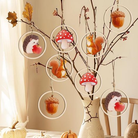 12er Herbst Deko Anhänger Holz, Doppelseitig zum Aufhängen, Igel, Eichhörnchen, Pilz (1/4)