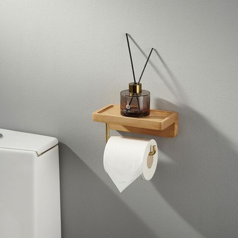 Porte Papier Toilette Mural en Bois - Support Papier Toilette Mural esthétique - Porte Rouleau Papier Toilette Avec étagère en bois pour décoration de salle de bain (1/4)