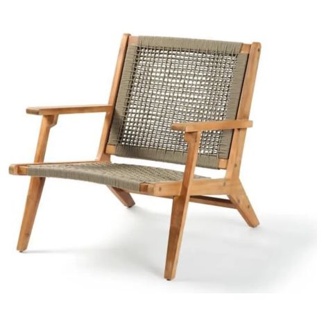 Fauteuil de jardin bas en bois d'acacia FSC et corde – Dimensions 67x81x71 cm – Soutien ferme et incliné – Couleur vert olive