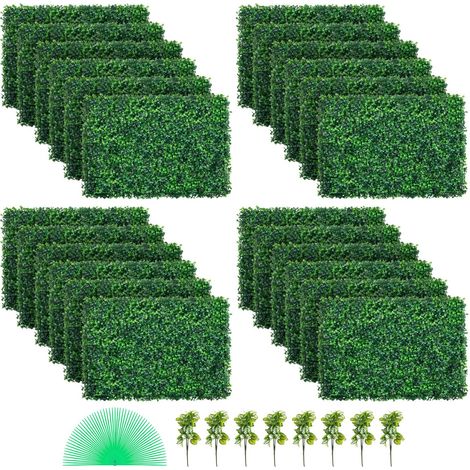 Panneau de buis artificiel 60x40 cm, lot de 24, UV, haie décorative pour clôture, mur végétal intérieur/extérieur, jardin, patio. (1/5)