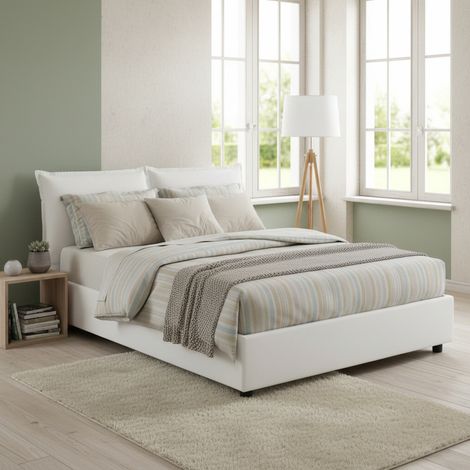 Talamo Italia Cama matrimonial Teresa, Cama contenedor con revestimiento de tela, 100% Made in Italy, Apertura frontal, con colchón Cm 140x200 incluido, Blanco, con embalaje reforzado (1/5)