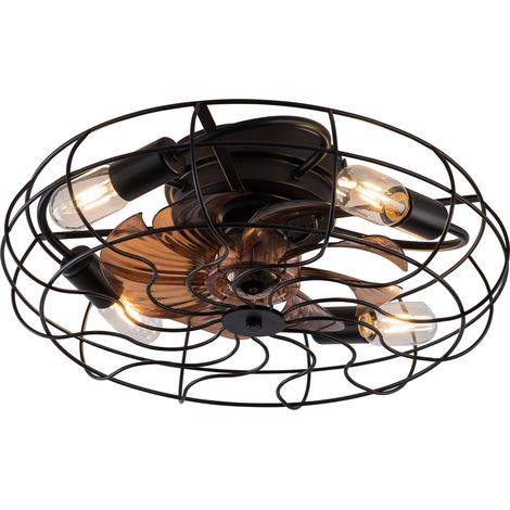 Plafonnier ventilateur cage noir 50cm, ventilateur de plafond industriel extra plat avec lumière, moteur réversible 6 vitesses et télécommande