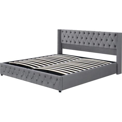 CAIziLit capitonné 140x200 Chesterfield coffre hydraulique velours gris (1/5)