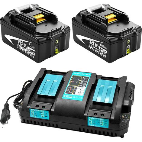 Powerwings – Pack de 2 batteries 18V 6,0Ah BL1850B – Chargeur double DC18RD – Compatible avec outils Makita – Idéal pour chantiers exigeants