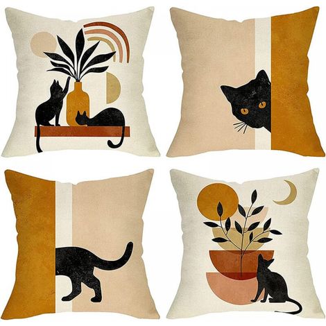 4545cm Set of 4, Abstract Black Cat Plant Sun Moon Decorative Pillowcase Modern Minimalist Art Aesthetic Linen Pillow Cover for Sofa Home Decor (1/5)