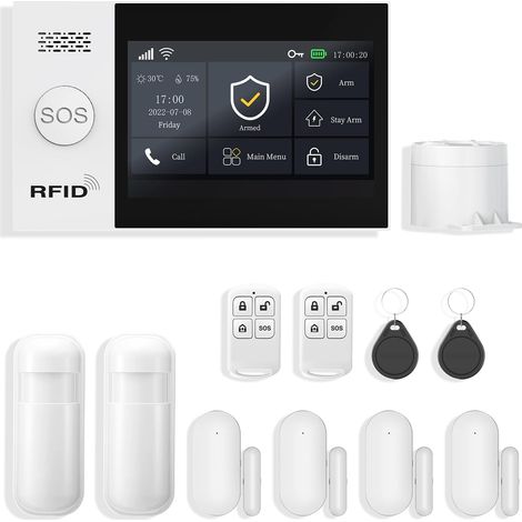 Écran Tactile 4,3" Alarme Maison sans Fil, 4G/WiFi Système d'Alarme, 12 Pack: 120DB Sirène, 4 Capteurs de Fenêtre et de Porte, 2 Détecteur de Mouvement (1/5)