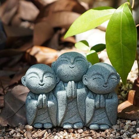Lot de 3 statues Jizo japonaises en pierre - Bouddha japonais - Statue de moine Jizo - Figurine commémorative - Décoration d'aquarium - Décoration de jardin ou d'extérieur - 7,6 cm - Sourire