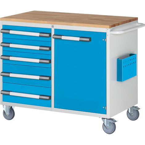 eurokraft pro, Établi compact, mobile, 5 tiroirs, 1 porte, h