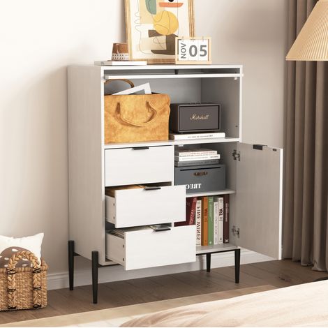 Credenza bianca con 3 cassetti, 1 anta e 1 anta in vetro, 85 x 40 x 120 cm, in truciolato (1/5)