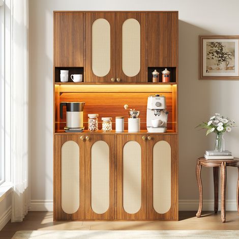 Buffet haut 106 x 40 x 178 cm, 8 portes, niche centrale LED réglable, MDF naturel effet rotin PE (1/5)