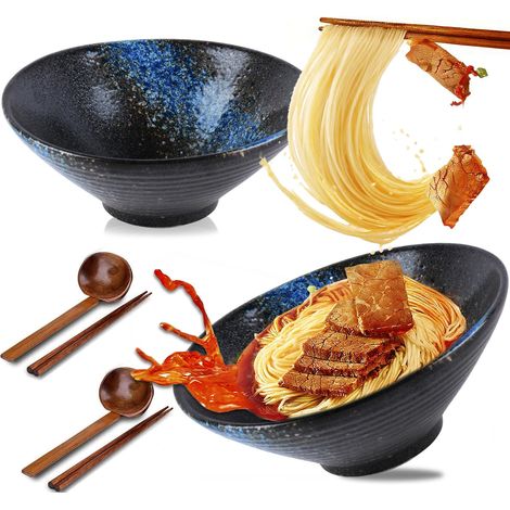 Lot de 2 bols en céramique de 1000 ml, vaisselle en porcelaine avec baguettes, cuillères, bols à soupe, bols mélangeurs, saladiers pour pâtes et céréales (bleu) (1/5)