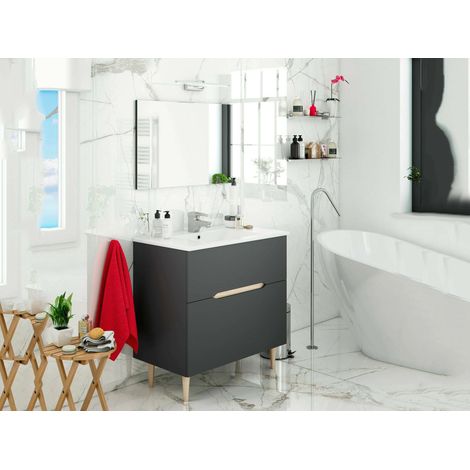 Dmora - Waschtischunterschrank Yarmouth, Badezimmer-Waschtischunterschrank, Badezimmerschrank mit Spiegel, Waschbecken nicht im Lieferumfang enthalten, 80x45h80 cm, Anthrazit und Eiche, mit verstärkte (1/5)