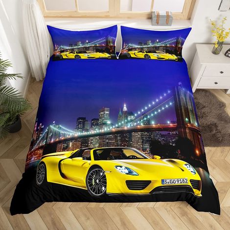Housse de Couette de Course Cool Speed Racing Enfants Parure de Lit 140x200cm Garçon Adolescent Adulte Voiture Sport Extrême Literie Set Jaune Voiture Ensemble de Literie (1/5)