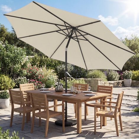 Parasol inclinable environ 300cm balcon manivelle base transversale sac sable UV30+ rétractable, blanc crème