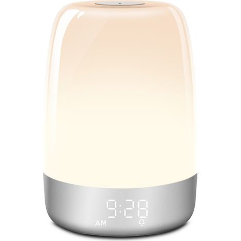 Réveil/lampe de chevet simulant le lever du soleil, avec LED et ambiance colorée.