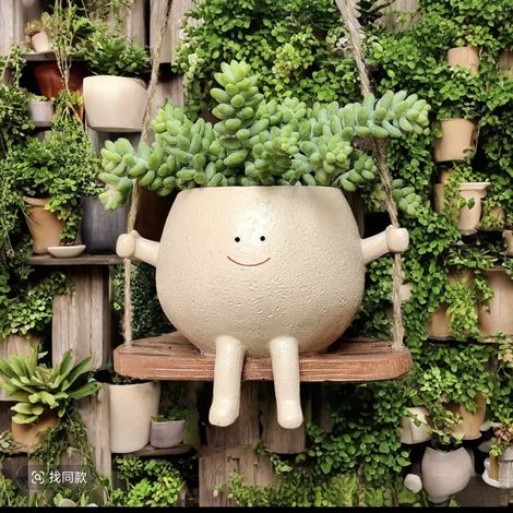 Pot à fleurs balançoire mignon, décoration suspendue pour salon et jardin, modèle sourire, livré avec corde de chanvre sans support