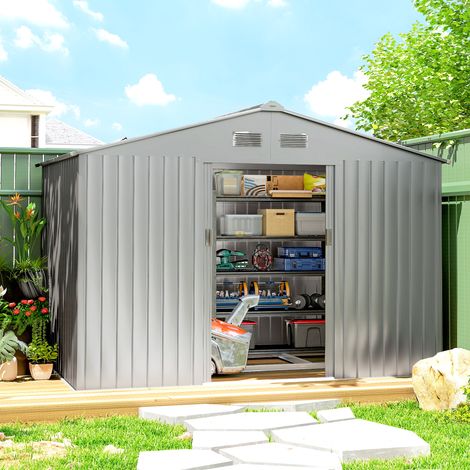 Cobertizo de Jardín Exterior 4,9 m² 277x195x192 cm con Puerta Corredera Ventilación y Kit de Fundación Gris (1/5)