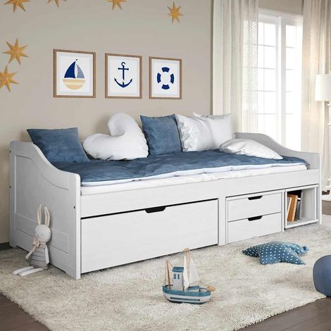 Sofá cama con 3 cajones madera maciza pino blanca IRUN 90x200cm (1/5)