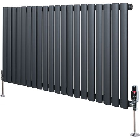 Radiateur à Colonnes Ovales & Vannes 1 Panneau 600 x 1200 mm en Acier Carbone Gris Anthracite Chauffage Centrale Moderne Horizontale Monté Sur Mur Cuisine [Brosse de Nettoyage & Supports INCLUSES]