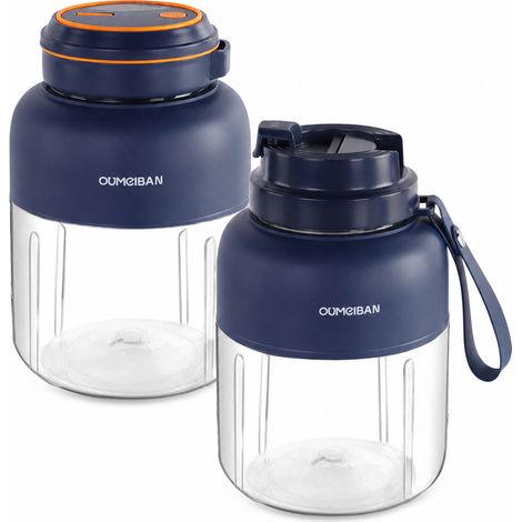 Blender Électrique Portable OUMEIBAN Bleu pour Jus et Smoothies, Broyeur de Glace, 2 Gobelets et 2 Couvercles, 1300 ml (1/5)