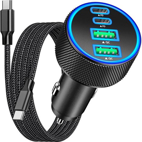 [Certifié MFi Apple] Allume Cigare USB C,  90W 4-Port PD/QC Charge Rapide Chargeur Voiture avec Double USB C et A + Câble Tressé Type-C pour iPhone 17/17 Pro Max/16 Pro/15/Galaxy S25/S24/Xiaomi (1/5)