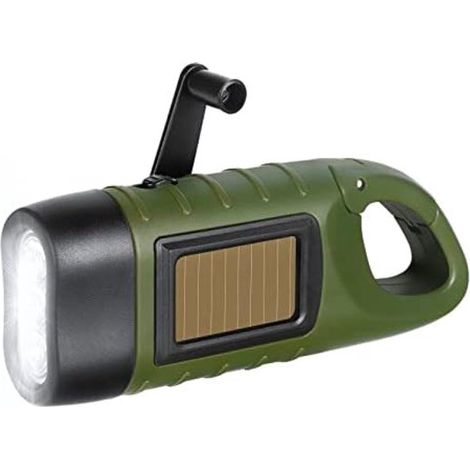 Wiederaufladbare LED-Taschenlampe mit Solarpanel und Handkurbel für Notfälle Camping Wandern und Stromausfälle mit Karabinerhaken kompakt und (1/5)
