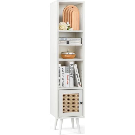 Torre portaoggetti in rattan con anta e gambe in legno massello, 29,5 x 29,5 x 137 cm, bianco (1/5)