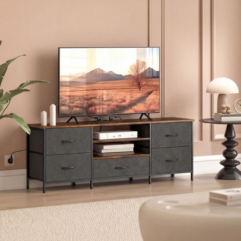 140 cm hoher TV-Ständer, 65-Zoll-TV-Möbel, Ladestation, 5 Stoffschubladen, offene Regale, 140 x 30 x 50 cm, braun