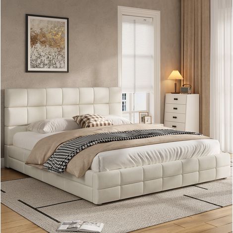 Lit adulte 180x200 cm en bois et velours beige, moderne pour chambre, sans matelas FloraGrace (1/5)