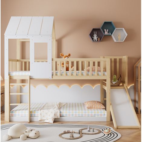 MEUBLIV Lit superposé enfant avec toboggan maison avec toit et fenêtre échelle dangle à trois marches garde corps bois naturel et blanc 90 x 200 cm (1/5)