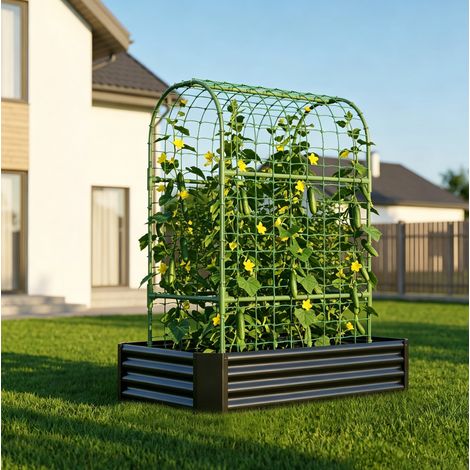 Carré potager surélevé 120x60x150 cm en métal noir avec treillis, pour balcon – MEUBLIV (1/5)
