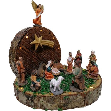 Grotta su tronco di natale con pastori luci natività sacra famiglia presepe casa addobbi Capanna decorazioni albero idea regalo - decoro: Capanna con solo luci e stella (1/5)