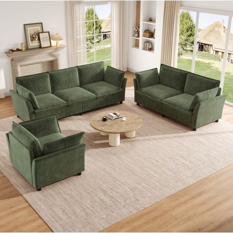 Divano modulare 3-2-1 in tessuto ciniglia, 3 posti 220x87x81 cm, 2 posti 155x87x81 cm, poltrona 90x81x87 cm - verde (1/5)