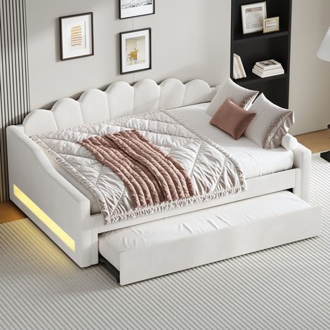 Lit banquette gigogne rembourré en lin beige 140x200 cm avec LED et sommier à lattes inclus (1/5)