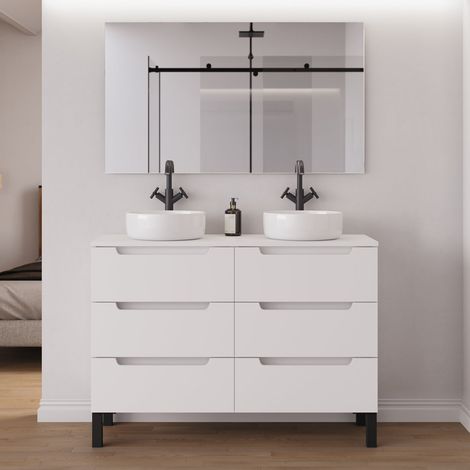 Meuble de salle de bain 120cm avec plateau et 2 vasques à poser rondes - 6 tiroirs - blanc mat - RIZA (1/5)