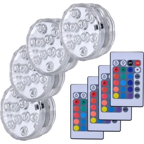 Lot de 4 lampes LED submersibles multicolores avec télécommande, étanches IP68, pour piscine, décoration et fêtes.
