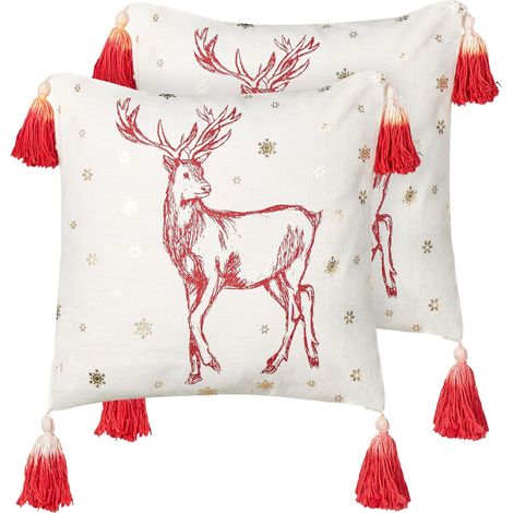Lot de 2 Coussins en Coton Blanc à Motif de Cerf Rouge 45 x 45 cm Rembourrés Vallota
