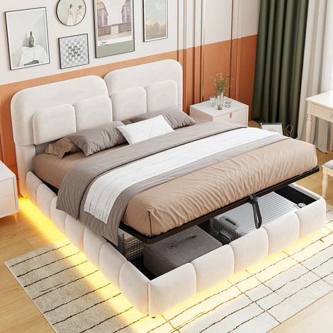 Lit rembourré 140 x 200 cm avec bande lumineuse, tête de lit et côtés de lit au design volumineux et solide, équipé d'une fonction de rangement hydraulique, lit double, tissu velours, beige (1/5)