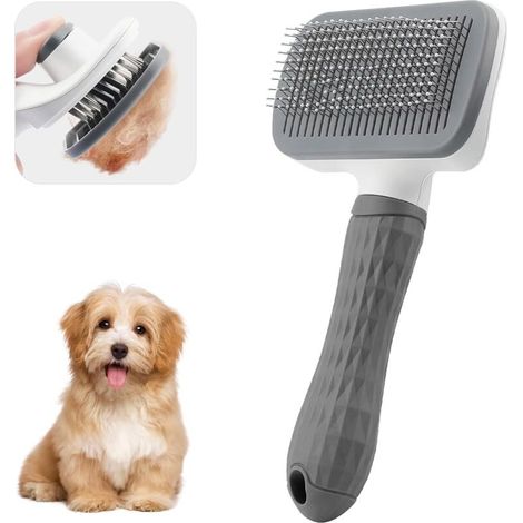 Hundebürste, Katzenbürste, für langes Fell, selbstreinigend, Borsten aus Stahl und Silikon, entfernt lose Haare, ergonomisch, Tierzubehör (Grau) (1/5)