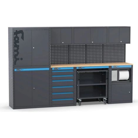 arredamento modulare per officina fami "linea 391" con armadi a due ante, cassettiera, carrello e modulo di servizio in lamiera antracite 304x49,5x190 cm (1/4)