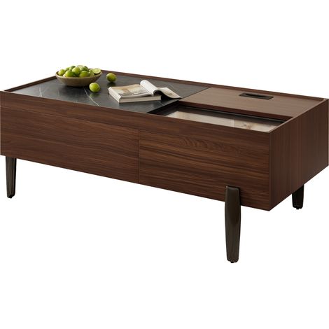 Table basse moderne bois brun foncé - Plateau verre, effet marbre, pieds métal, grand rangement
