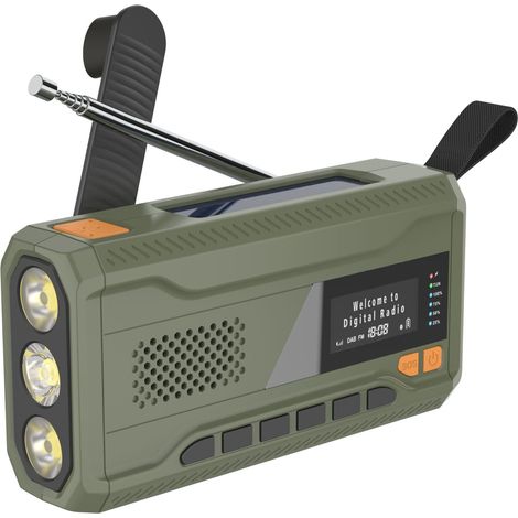 Radio DAB/FM portable, dynamo solaire 4000 mAh, kit de survie, chargeur USB et alarme d'urgence.