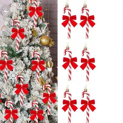 WEIHNACHTSDEKO - Set mit 6 roten, glitzernden Plastikstöcken zum Aufhängen mit Schleife