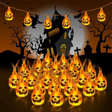 Guirlande Lumineuse Halloween 3M 20 LED Citrouille, Piles, Imperméable IP65, Déco Extérieur Intérieur Chambre Fête Jardin, Blanc Chaud (1/5)